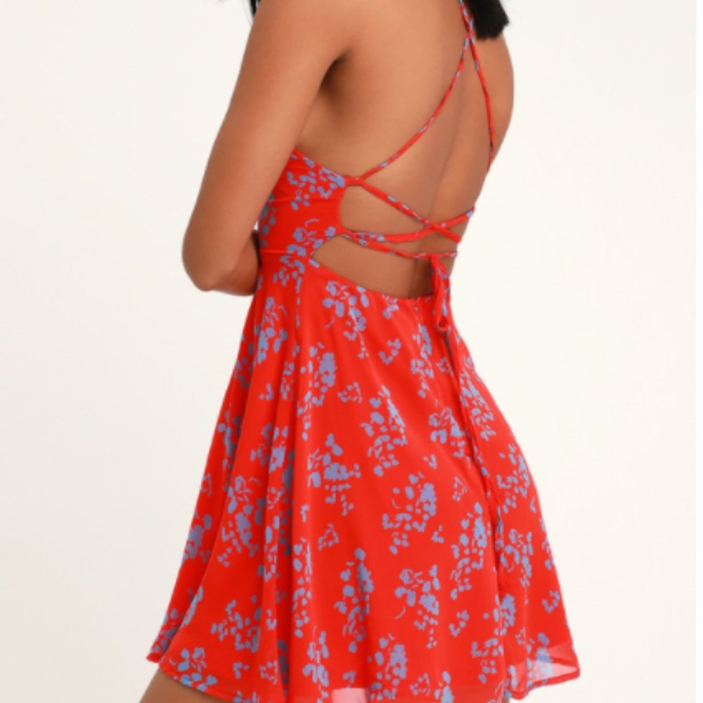 NWT Lulus Cherished Moment Red and Blue Print Lace-Up Skater Dress Size XS